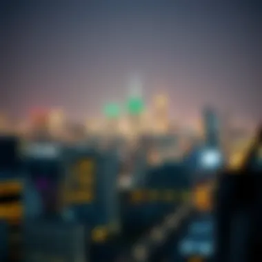 Urban Skyline: A Glimpse of Economic Activity Skyline view of a bustling city filled with skyscrapers and modern architecture