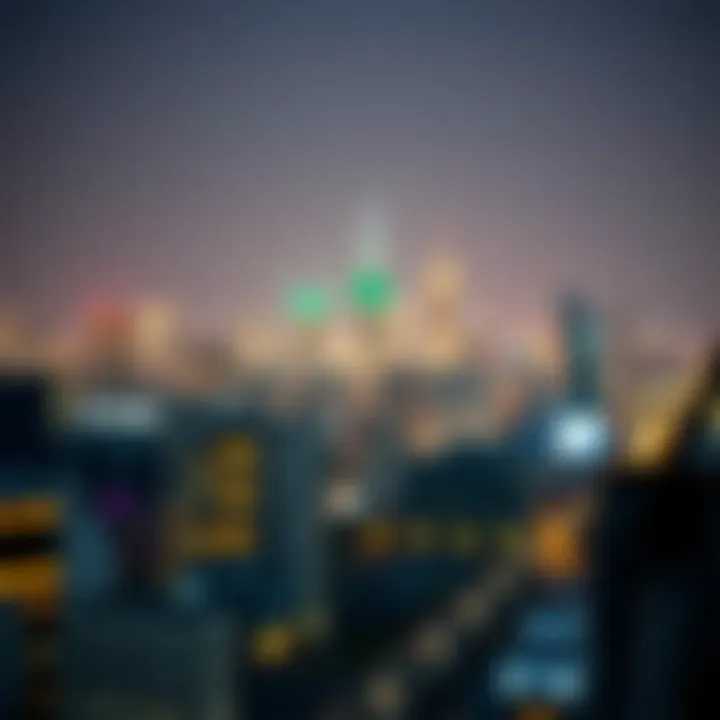 Urban Skyline: A Glimpse of Economic Activity Skyline view of a bustling city filled with skyscrapers and modern architecture