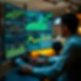 A trader analyzing market trends on multiple screens.