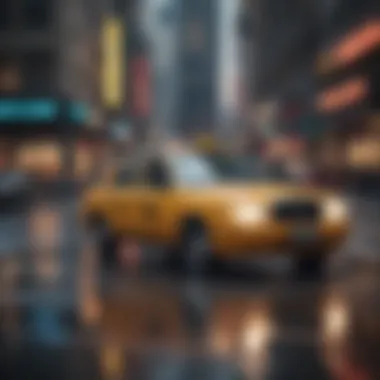 Taxis in Urban Settings A taxi navigating through a bustling urban environment